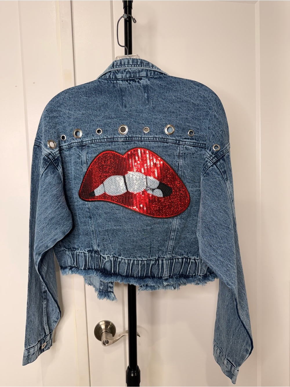Sequin Lip Crop Denim Jacket - Blue with Red Sequin Accent